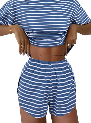 Image of Remidoo Women's Pajamas Set Striped Tee Shirts and Shorts Side Slit Crewneck Loungewear Blue Large