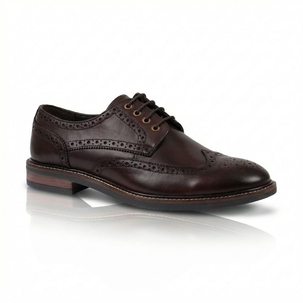 Scarpe da uomo in pelle con punta ad ala, classiche, marroni, stringate, stile derby