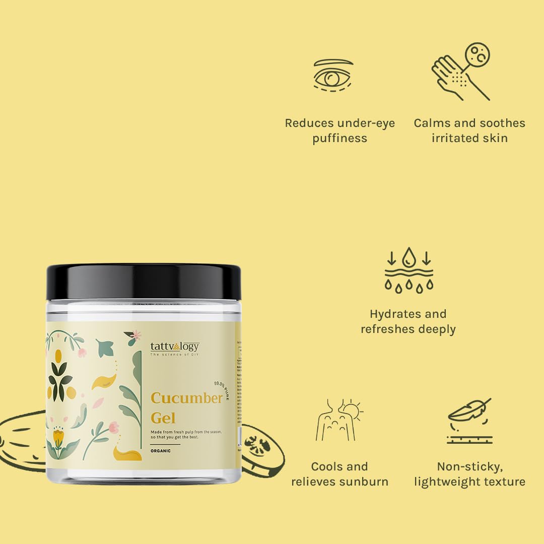 Tattvalogy Pure Cucumber Gel | Natural Extract of Cucumber | Enriched with Vitamin E | Reduces Acne, Scars, Wrinkles, Dark Circles & Moisturizes Skin | Chemical Free | In Plastic Jar - 150 Gm 2