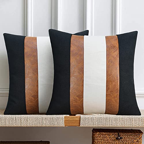 Jasen Black And White Leather Throw Pillow Covers Brown Faux Leather Decorative Pillow Cover Boho Modern Stripe Accent Cushion Cover Couch Bed Sofa #TOP1
