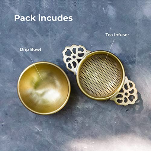 Image of NION Premium Brass Tea Strainer Gold with Drip Bowl | Perfect for Steeping Loose Leaf Tea Infuser Strainer Teapot | Solid Brass Drip Bowl