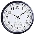 QWARVEL 16 Inch Large Outdoor Clock, Retro Waterproof Indoor/Outdoor Clock Non-Ticking Clock with Thermometer, Battery Operated Wall Clock for Patio, Garden, Pool - Black