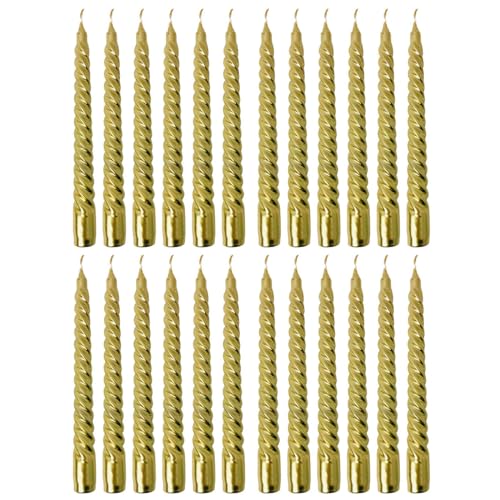 Tradineur - Pack de 24 velas espiral, cirios de mesa alargados, cera y mecha de algodón, rituales y ceremonias, decoración, Navidad, fiestas, bodas (Dorado, 20 cm)