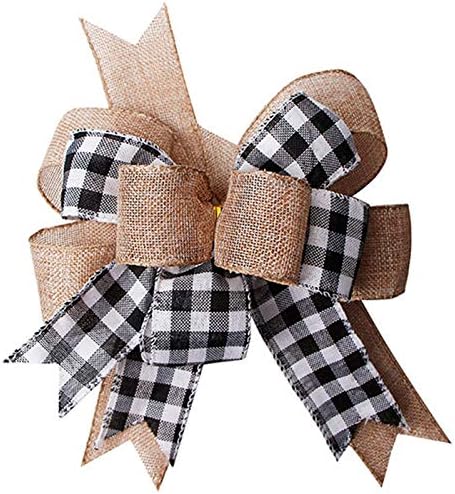Black White Buffalo Plaid Burlap Wreath Bow Double Layed Gift Bows Wreath Bow Wall Ornaments Christmas Tree Topper Bows for Holiday Home Front Door Decorations, 12 x 9.4 inch