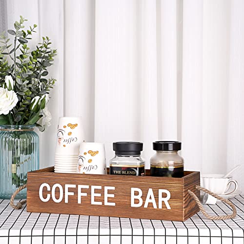 Juxyes Vintage Wood Coffee Bar Box With Rope Handles, Coffee Station Organizer Coffee Pod Holder Storage Box, Farmhouse Rustic Coffee Bar Box Coffee Accessories Organizer For Counter #TOP5