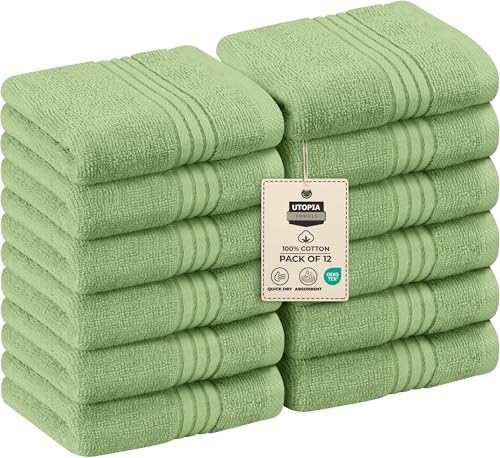 Utopia Towels 12 Pack Premium Wash Cloths Set, 12 by 12 Inches, 100% Cotton Ring Spun, Highly Absorbent and Soft Feel Washcloths for Bathroom, Spa, Gym, and Face, Sage Green