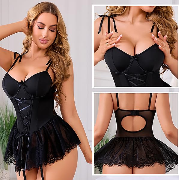 WBDWWTD Damska seksowna koronkowa bielizna typu Teddy Sukienka Push Up Body z fiszbinami Koronkowy zestaw sukienek z paskiem do pończoch, koszulka z siateczki Przezroczysta babydoll Wycięcie na
