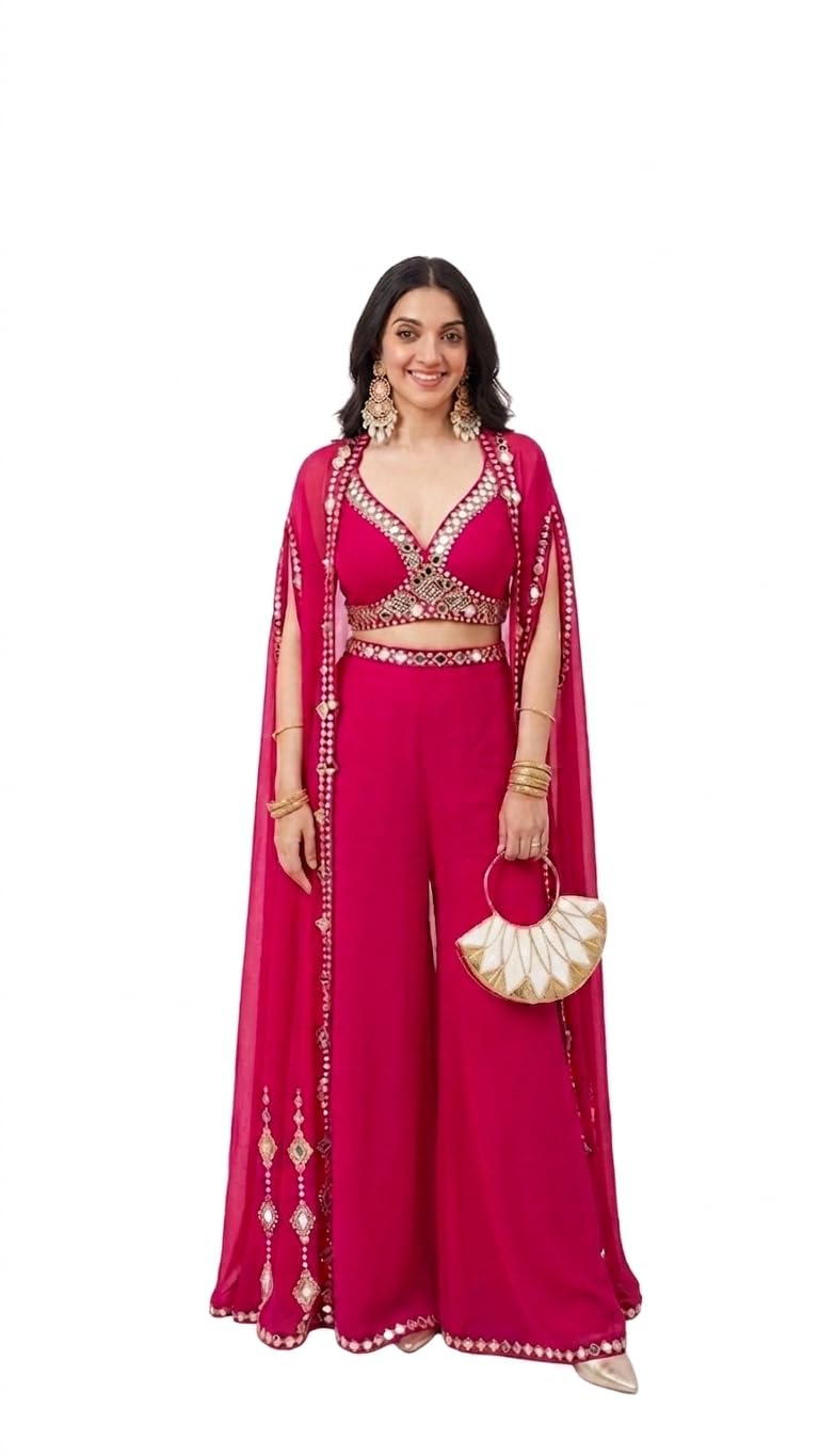 Women's Designer Embellished Co-Ord Set with Cape Sleeves | Palazzo Set | Mirror Work Ethnic Fusion Outfit for Weddings, Festive Events & Special Occasions-image-36