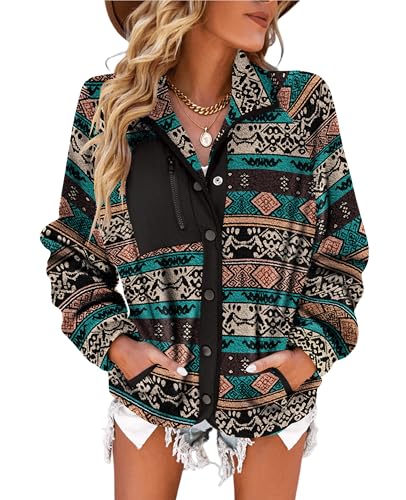 SELINK Womens Fleece Jacket Western Aztec Print Long Sleeve Snap Button Down Shacket Jackets with Pockets Black-S