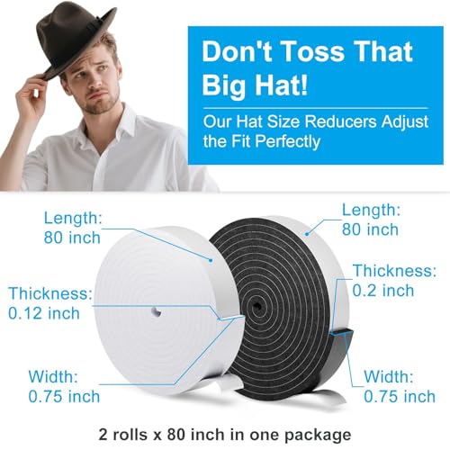 Image of 2 Pack Hat Size Reducer Tape Roll 80 inch, Hat Inserts to Make Fit Comfort, Fitted Hat Sizer Reducer Insert for Loose Baseball, Fedora, Cowboy, Western, Panama & Straw Hats, Self Adhesive Foam Tape