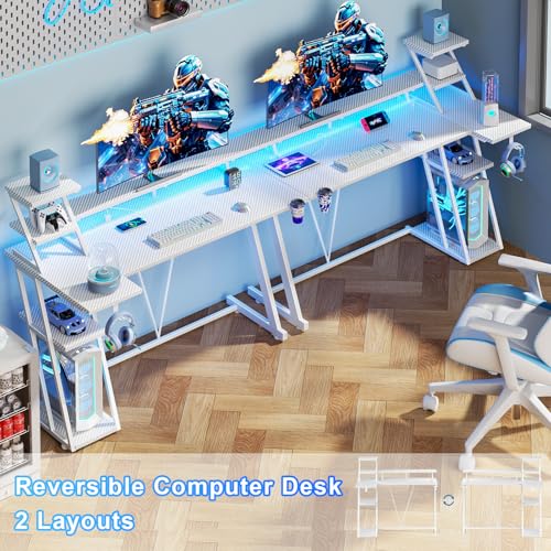 Image of Korfile 55 Inch White Gaming Desk with LED Lights & Power Outlet, Gaming Computer Desk with Storage Shelves, L Shaped Gamer Workstations with Monitor Stand for Bedroom