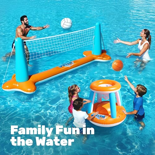 Image of JOYIN Pool Toys Games Set-Inflatable Pool Float Set Volleyball Net & Basketball Hoops, 2 in1 Floating Swimming Game Toy, Volleyball Swimming Pool Game for Kids and Adults, Backyard Beach Summer Toys