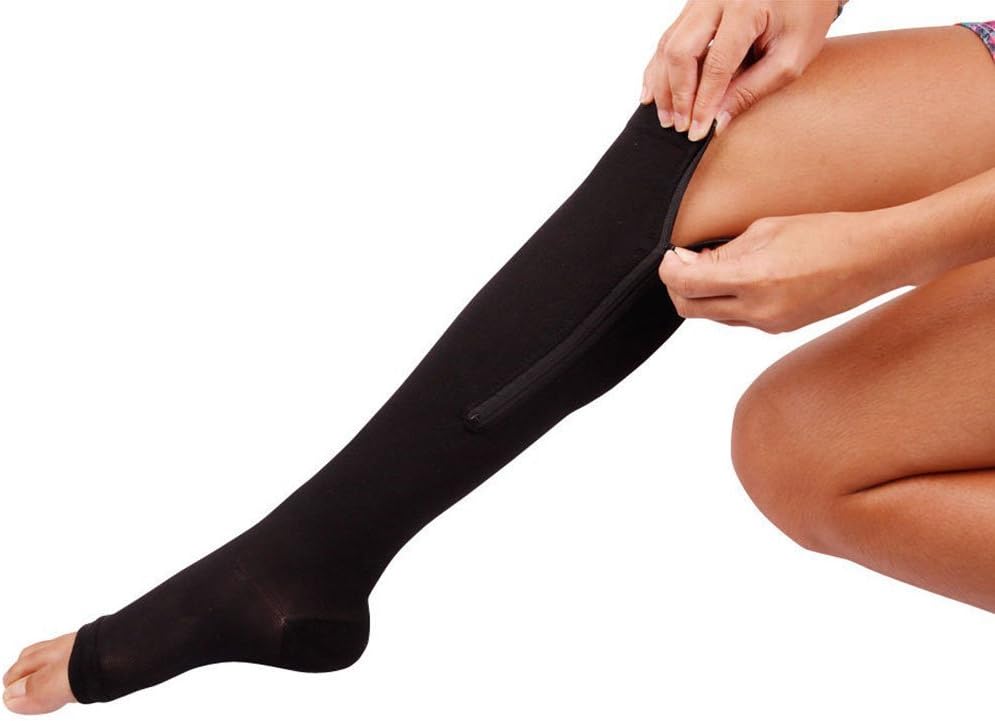 Pack of 2 - Zipper Compression Socks Toe Open for Varicose Veins and Edema, Unisex Zipper Design Easy to Wear (L/XL, Black)