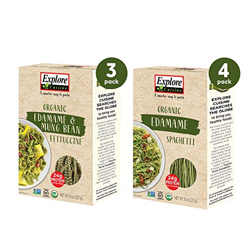 Explore Cuisine Organic Edamame Pasta Variety Pack - Edamame Spaghetti (4 Boxes) & Edamame & Mung Bean Fettuccine (3 Boxes) - 8 oz - High Protein, Gluten-Free Pasta - 28 Total Servings