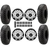 Set of 30x10-15 Tusk TERRABITE 8-Ply Radial UTV Tires mounted on Tintic Wheels Compatible with CF Moto/Honda/Yamaha applications - 4/110 bolt pattern Lug Nuts (4+3 Wheel Offset, Machined/Black)