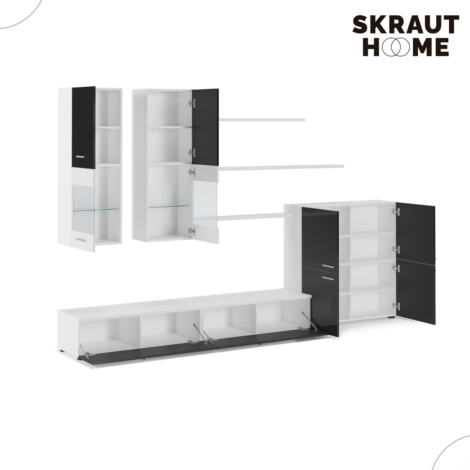 Skraut Home | Ensemble de Meubles Salon TV | unité Murale | Salle à Manger | Ensemble de séjour | ilumination LED | Couleur Noir laqué et Blanc Mate | 300x189x42cm