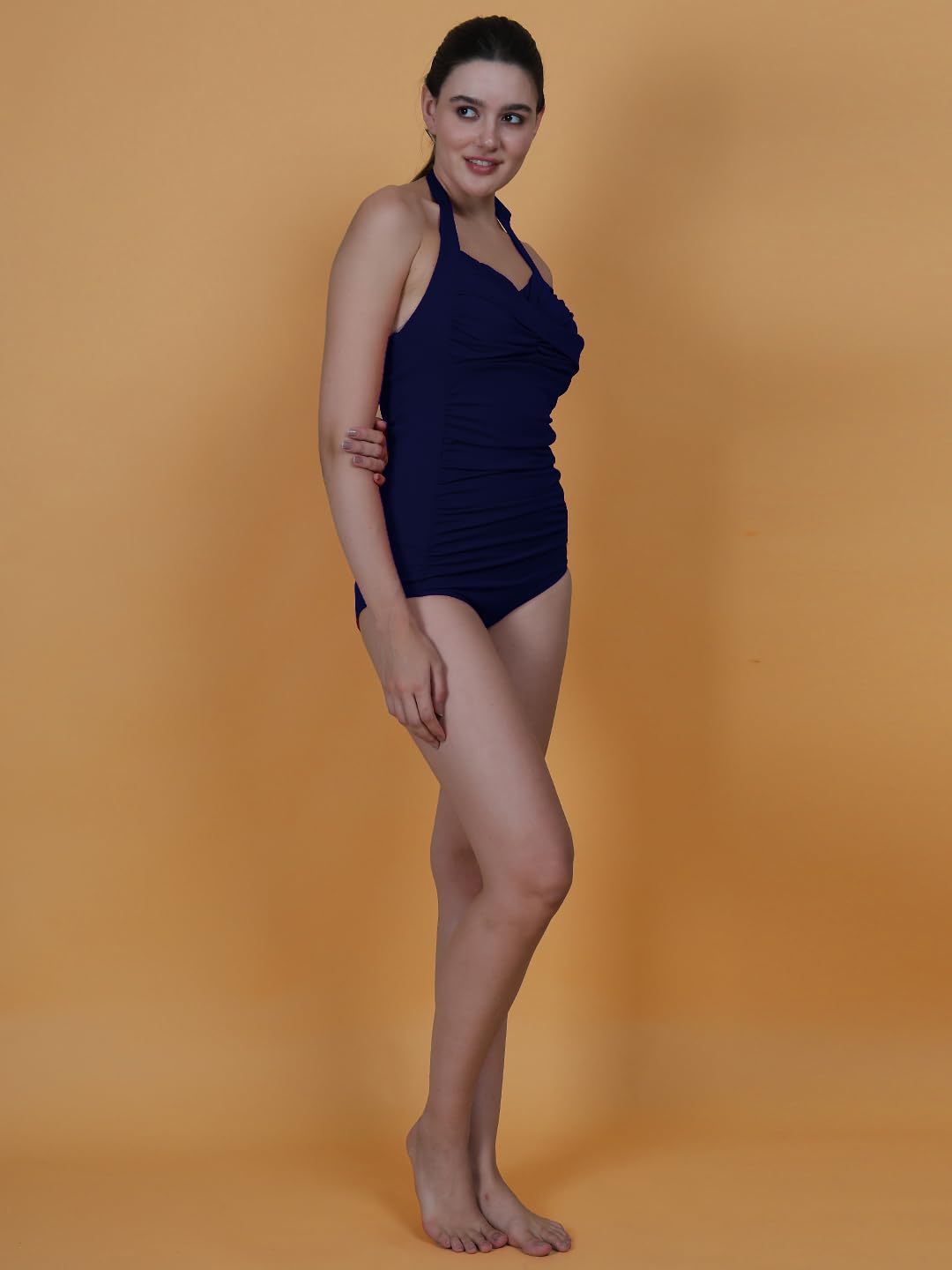 FYTTE Halter Neck Tummy Control One Piece Vintage Retro Romper Tankini Swimsuit for Women_Navy_M 1