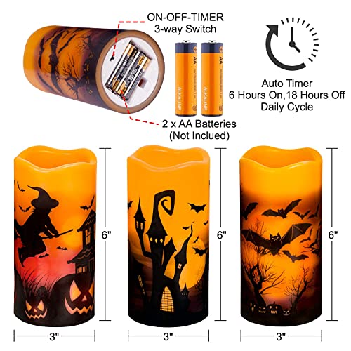 Image of 3 PCS Battery Operated Flameless Flickering Candles with 6 Hour Timer, Real Wax Electric LED Halloween Fake Pillar Candles with Castle, Witch, Bats for Indoor Kids Halloween Thanksgiving Decor