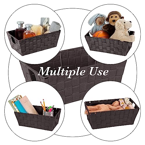 Image of Simplify Small Shelf Woven Strap Tote | Decorative Storage Basket | Built in Handles | Organization | Closet | Bedroom | Bathroom | Nursery | Accessories | Toys | Gifts | 4 Pack | Chocolate
