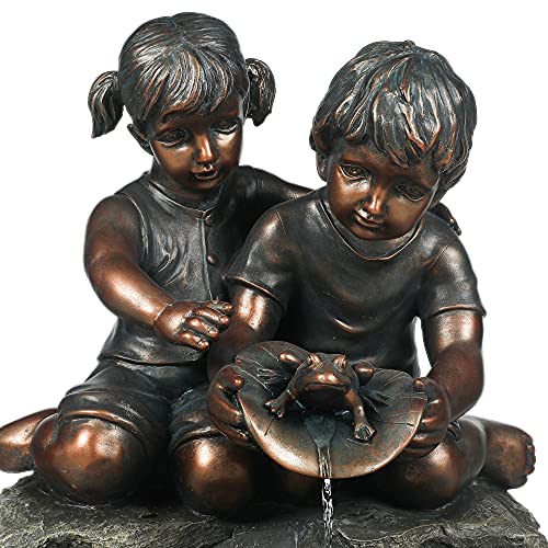 Luxenhome 29" Resin Outdoor Fountain, Children On Rock Patio Fountain, 3 Layers Children And Frog Water Fountain, Garden Decorative Fountain For Backyard Courtyard #TOP2