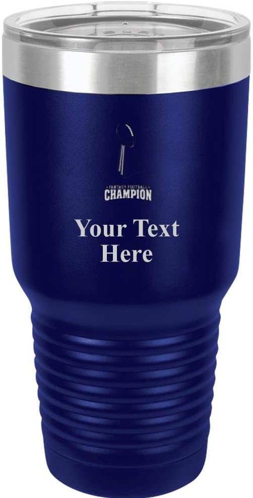 Fantasy Football Champ Travel 30oz Royal Blue Stainless Steel Vacuum Insulated Hot/Cold Tumbler with Clear Lid - Great Customizable Gift For Any Special Event. BPA Free