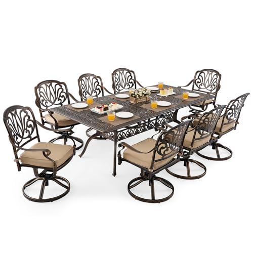 9 Piece Outdoor Dining Set Cast Aluminum Patio Furniture Set, Retro Patio Dining Set for 8 Includes 86.6’’ Table 8 Swivel Chairs with Thicker Cushion and Umbrella Hole for Patio Deck Garden