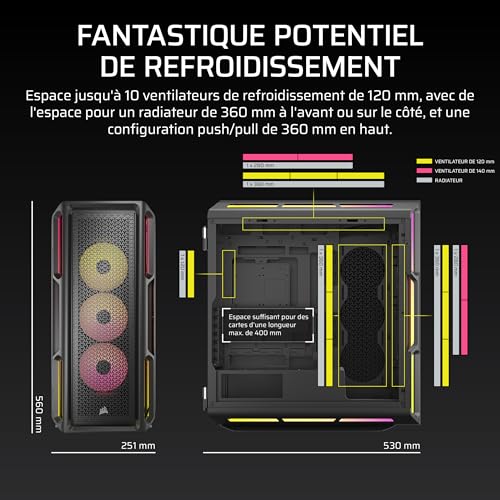 Corsair iCUE Link 5000T LX RGB Boîtier PC ATX de Taille Moyenne – 3X Ventilateurs LX120 RGB Préinstallés, Bandes Lumineuses RGB Aurora Intégrées, Intérieur Spacieux, Hub du iCUE Link Inclus – Noir