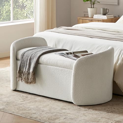 Image of mopio Sophie 51" Ottoman Storage Bench, Entryway and Window Seating, End of Bed Curved Stool for King & Queen Bed, Storage Chest for Bedroom (Pearl White Boucle)