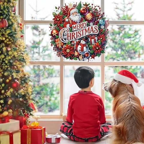 Image of HASTHIP Diamond Painting Kit Hanging Decor, Christmas Door Sign Hanging Decor, Shining Diamond Art Santa Claus Window Festive Ornament Christmas Gift 19x19cm