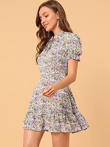Image of Allegra K Womens Floral Chiffon Mini Dress Ruffle Hem Puff Short Sleeve