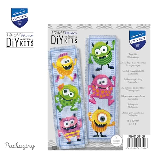 Image of Vervaco Cross Stitch Bookmark Kit Little Monsters (Set of 2) 2.4 inch x 8 inch