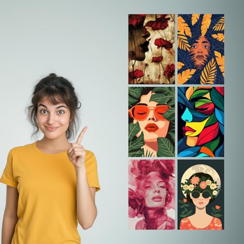 Image of SiddArtify Red - Gold Floral Women Portraits Art Print Set - 300GSM Board - 8x12 Inch - Pack of 6 Wall Room Decoration art Poster Prints