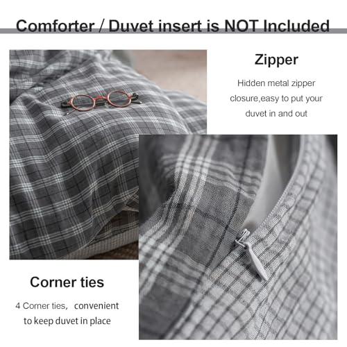 Image of EAVD Vintage Grey Buffalo Plaid Duvet Cover Twin Soft 100% Cotton Muslin Retro Black White Grid Checkered Bedding Set with 2 Pillowcases Reversible Gingham Duvet Cover with Zipper