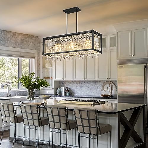 Image of LMQNINE Modern Rectangle Chandelier for Dining Room, Black Crystal Chandelier Linear Light Fixture, Farmhouse Chandeliers for Kitchen Island, Bar Table, L30.7'' x W9.84'' x H8.66''