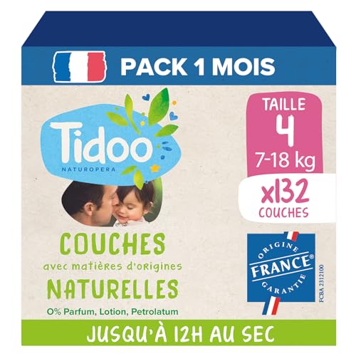TIDOO - Couches Taille 4 7-18 kg - Couches Bébé écologiques - Couches Jetables à la Composition Naturelle - Respectueuse des Peaux Sensibles -12h de protection - Lot de 3x44 couches