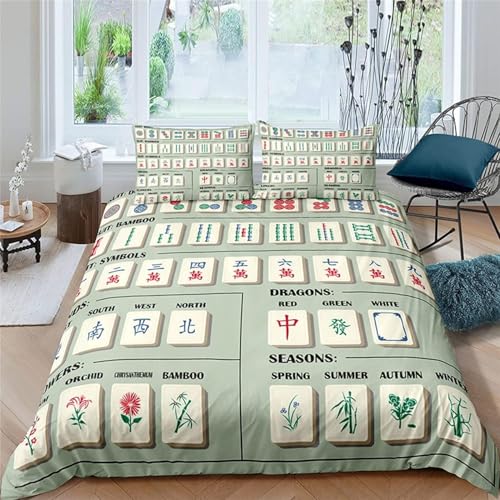 Funda Nordica Cama 180 Mahjong 3D Microfibra Suave Ropa de Cama Estampado Chino 3 Pezzi Include 1 Fundas de Edredón 240x260 cm 2 Fundas de Almohada 50x75cm P.816
