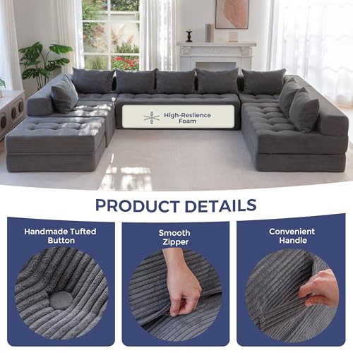 Image of MAXYOYO Modular Sectional Sofa Couch, Foldable Oversized U Shaped Cloud Couch with Pillows, Tufted Boneless Lounger Floor Sofa Bed for Living Room, No Assembly Required, Dark Grey
