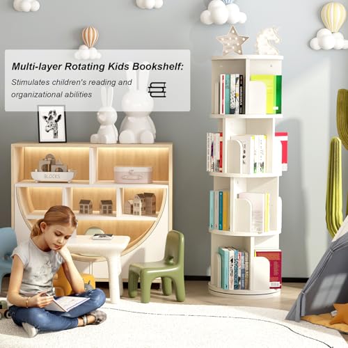 Rotating Bookshelf, 4-Tier Bookcase Storage Rack for Kids & Adults, Corner Spinning Book Shelf for Small Space, Wood Revolving Bookcase Organizer for Bedroom, Living Room, White