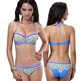 Damen Push Up Neckholder Bikini Set M/L Blau Retro Muster Cup Bandeau Badeanzug Strand Cup B/C