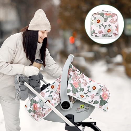 Image of Baby Carseat Seat Cover Girls, Winter Carseat Canopy, Cozy & Warm Cover with Zipper Peep Windows, Infant Minky Carrier Cover, Soft Breathable, Baby Must Have, Retro Flower
