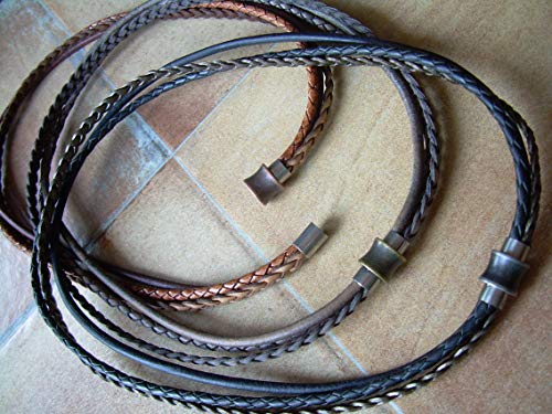 Handmade Triple Strand Braided And Smooth Leather Necklace With Antique Toned Stainless Steel Magnetic Clasp - Genuine Leather Necklace For Men - Available Sizes: 16,18,20,22,24 Inch Or Custom #TOP3