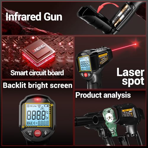 ANENG Infrared Thermometer,Digital Non Contact Laser Temperature Gun, for Industrial,Meat,Pizza Oven,Reptile,BBQ,Refrigerator,Kitchen,with Backlit LCD,-58°F~1112°F(-50°C~600°C)&B15 Voltage Tester
