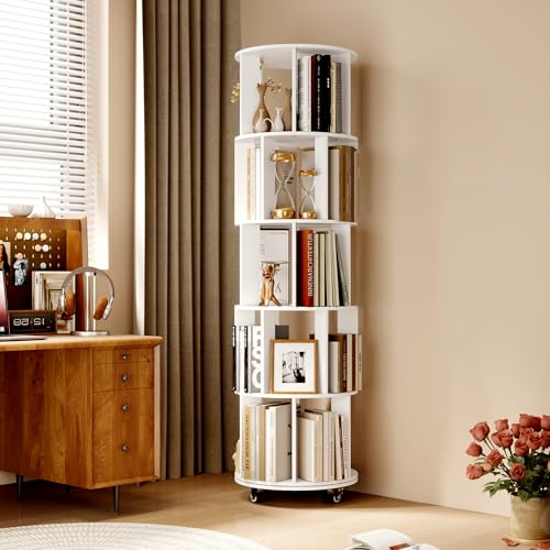 Turosur 5-Tier Rotating Bookshelf Bookcase (White) 360-Degree Revolving BookShelf Floor Standing Shelves Space-Saving Storage Organizer for Bedroom Living Room Office - Image 5