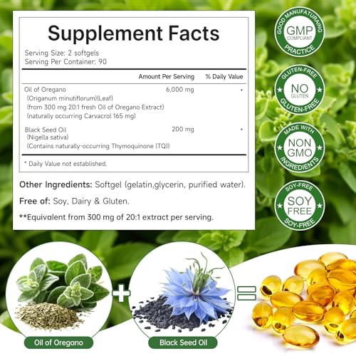 Oil of Oregano with Black Seed Oil, 180 Count Oregano Oil Capsules with 4X Strength of Carvacrol and Thymoquinone, Non-GMO, Natural Herbal Health Supplement
