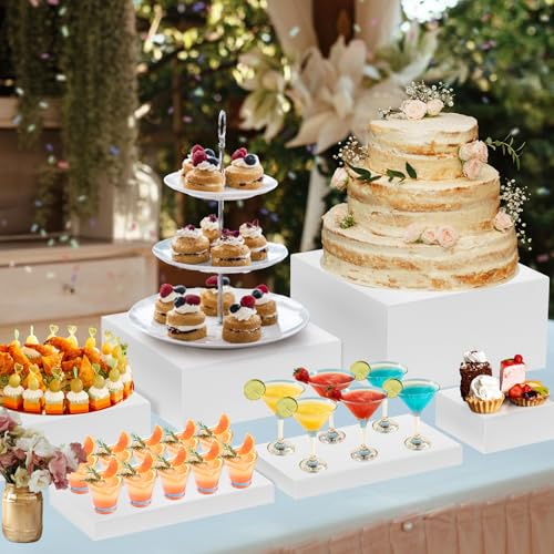 10 Pcs Large Acrylic Buffet Risers, White Food Display Stands for Buffet, Dessert Table, Jewelry, and Catering, Stackable Food Risers with Hollow Bottoms, Nesting Cube Box (12