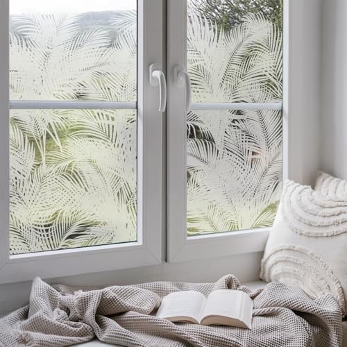 ChicSkin Modern Botanical Etched Glass Window Privacy Film, Thickened Decorative White Window Film Privacy for Living Room, Floral Shadow Palm Leaf Cling 15.74"X32.28"X2PCS