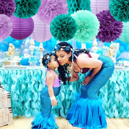 Image of Teal-Purple Party-Decorations Paper Flowers Lanterns - 15PCS Lavender Girl Mermaid-Birthday Tissue Pom Poms Streamers,Baby Bridal Shower Wedding Classroom Hanging Supplies Decor Hugfond