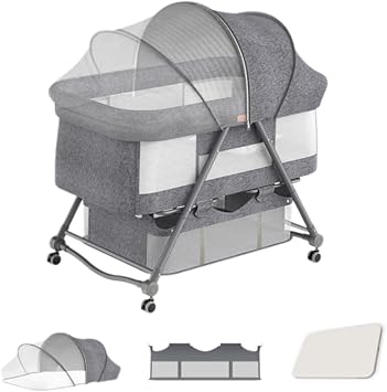 2025 Mode, Supervised by Nursery Caregiver, Folding Bed, Baby Rack, Infant Bed, Newborn Bed, 3 Modes, No Assembly Required, Mosquito Net, Mat, Diaper Changing Base, Storage Basket, Caster