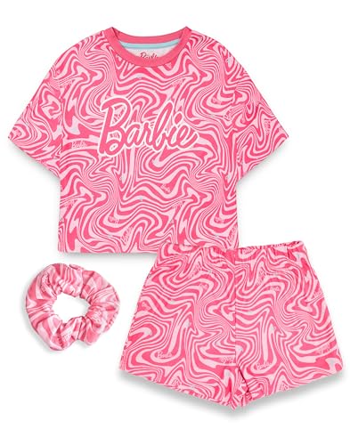 Barbie Girls Pajama Set | Childrens Wavy All Over Print Pink Short Sleeve Top & Shorts Graphic PJs Bundle with Scrunchie