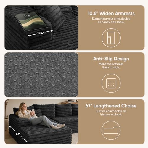 Image of 2 inch Corduroy Boneless Couches for Living Room, L Shape Sofa with Chaise | 102.4 inch Modular Sectional Sofa, Cloud Couch Sectional with Deep Seat, No Assembly, Black, Left Chaise